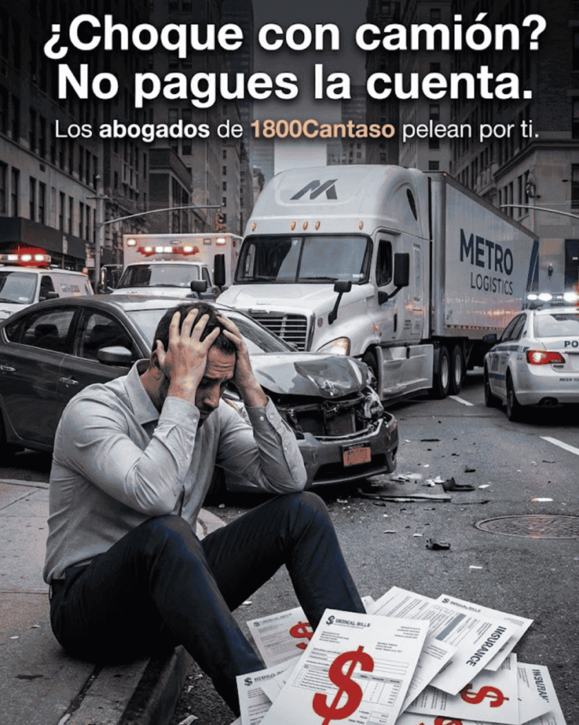 Conductor preocupado por facturas médicas tras un choque con un camión de carga en NY. Los abogados de 1800Cantaso brindan defensa legal de élite contra empresas de transporte en Staten Island, Queens, Manhattan, Brooklyn, Bronx, Long Island y New Jersey.