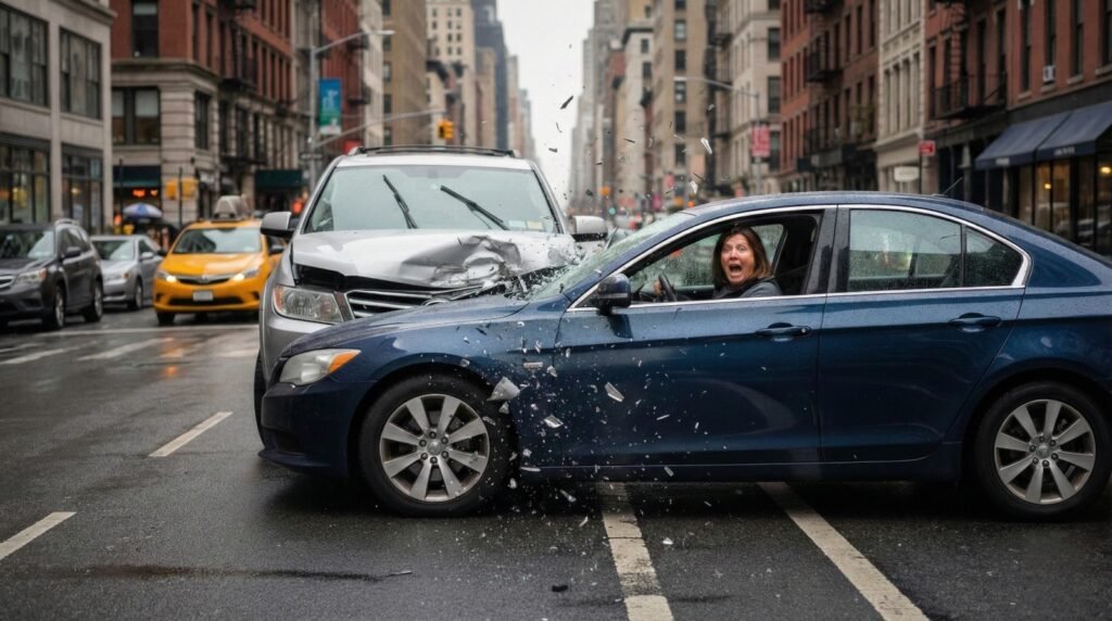 Escena de accidente de auto en Nueva York con coche azul dañado y mujer conductora angustiada, ejemplo de caso para abogados de colisione