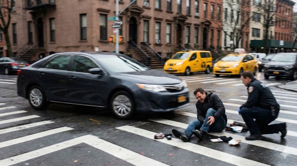 Peatón lesionado en un paso de cebra en Nueva York tras un accidente de tráfico, siendo asistido en la calle con taxis amarillos al fondo.