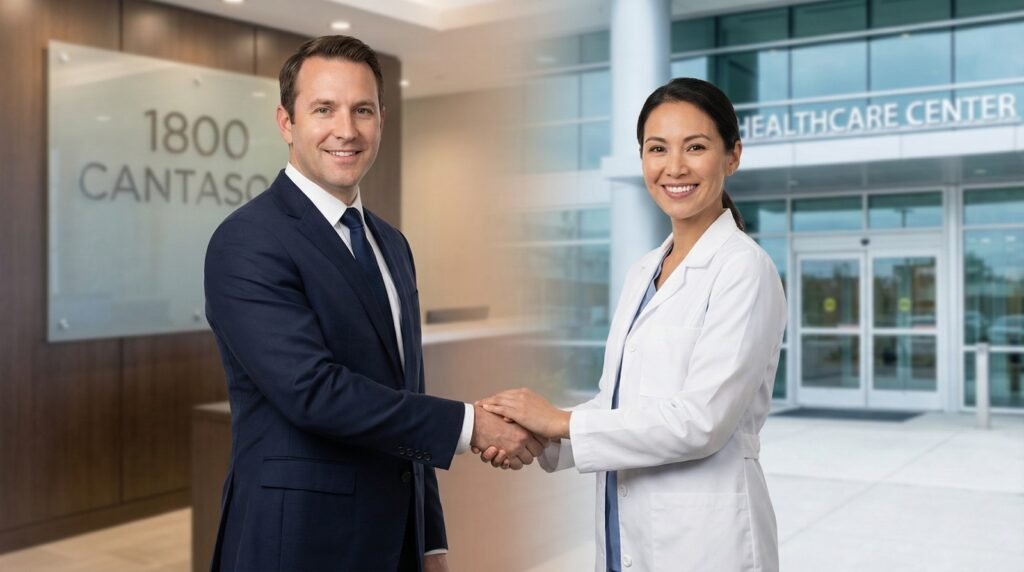 Un abogado de 1800Cantaso y una doctora dándose la mano frente a un centro de salud, simbolizando la conexión entre servicios legales y médicos para víctimas de accidentes en NY y NJ.