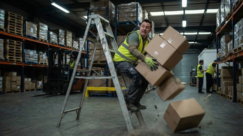 Accidente laboral en una bodega de Nueva York con un trabajador perdiendo el equilibrio en una escalera y dejando caer cajas, servicios de 1800Cantaso.