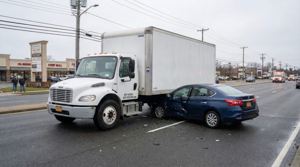 Accidente de tráfico entre un camión comercial blanco y un coche azul en una carretera de Nueva York, escena de colisión para servicios de abogados especializados.