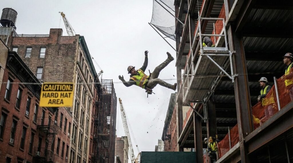 Obrero de construcción cayendo desde una estructura de edificio en Nueva York, representando un accidente laboral grave y la necesidad de abogados de compensación.