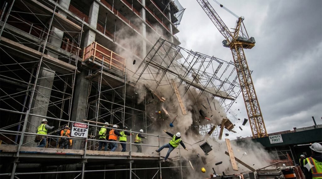 Accidente de construcción masivo con colapso de andamios en un edificio de Nueva York, representando el servicio de 1800Cantaso para defender los derechos del trabajador en NY y NJ.