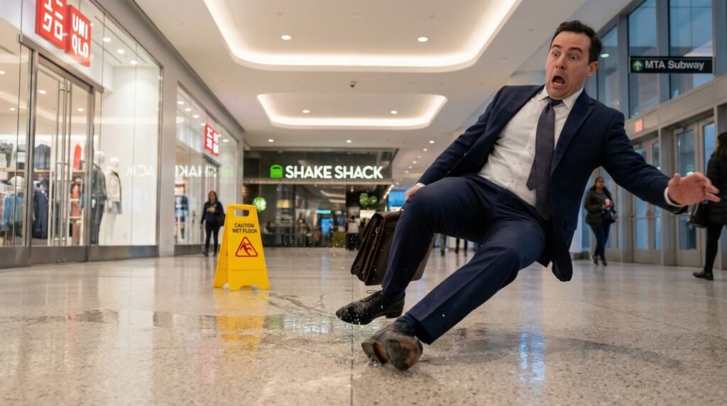 Hombre de negocios sufriendo un resbalón y caída en un centro comercial de Nueva York, caso de lesiones personales por piso mojado representado por 1800Cantaso.