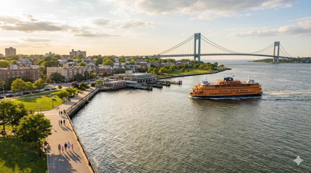 Ferry de Staten Island navegando frente al puente Verrazzano al atardecer en Nueva York.