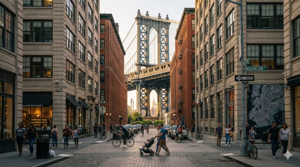 Vista del Puente de Manhattan desde la calle Washington en DUMBO, Brooklyn, con peatones, ciclistas y edificios de ladrillo rojo.