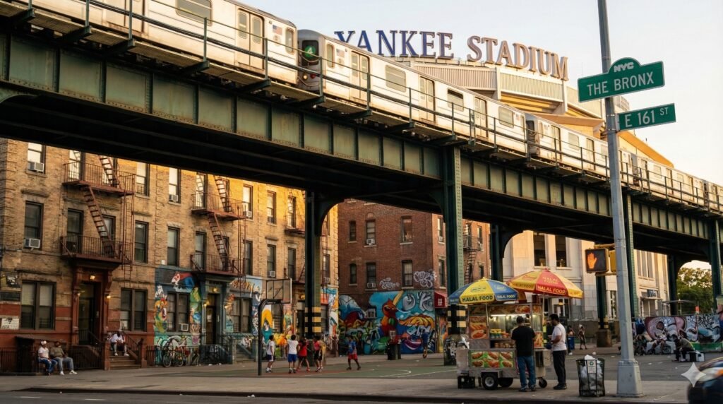 Calle 161 en el Bronx, Nueva York, con el tren elevado pasando frente al Yankee Stadium y jóvenes jugando baloncesto en una cancha con murales.