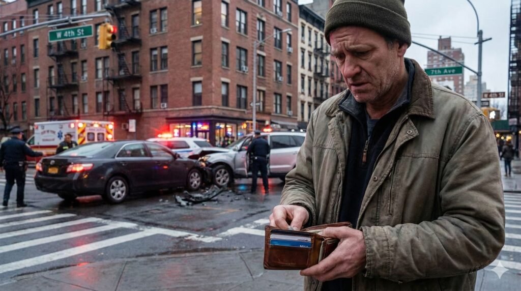 Hombre preocupado revisando su billetera tras un accidente de auto en una calle de New York con servicios de emergencia al fondo.